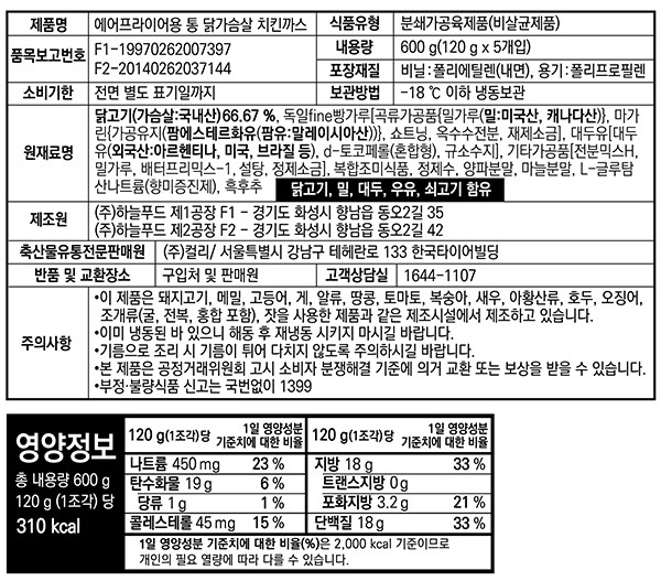 [KF365] 에어프라이어용 통 닭가슴살 치킨까스 120g*5pk