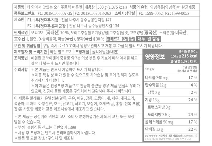 [정다운] 더 얇아서 맛있는 오리주물럭 매운맛 500g (냉장)
