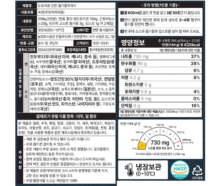 [한둘푸드] 도토리로 만든 들기름 막국수 2인분 368g