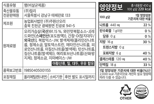 [KF365] 통가슴살 훈제오리 스테이크 450g