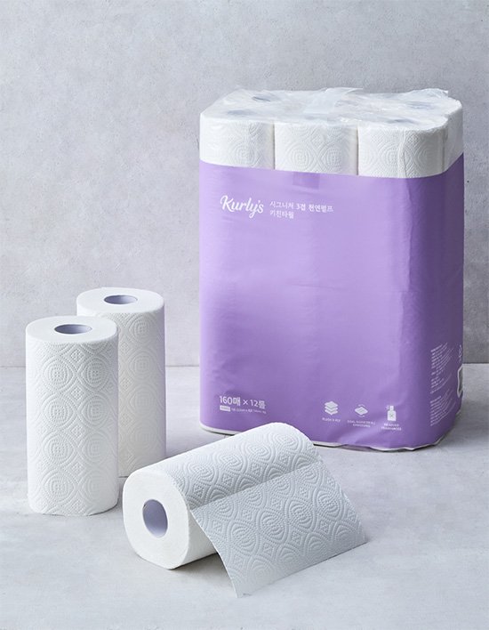 [Kurly's] 시그니처 3겹 천연펄프 도톰한 키친타월 (160매 X 12롤)