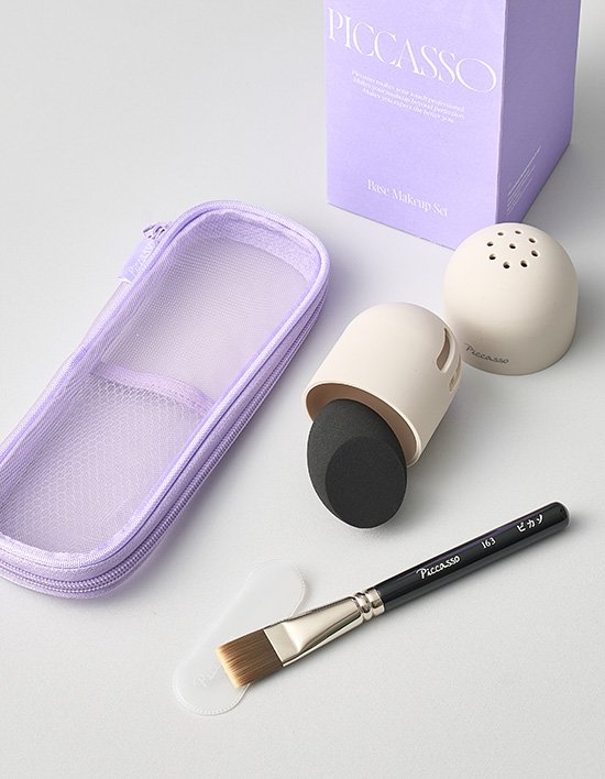 [피카소] *컬리단독* 글로우 베이스&스펀지 세트(163 파운데이션+블랙스펀지+스펀지케이스+메쉬 파우치 퍼플+기프트박스)(+브러쉬 클렌저 50ml 추가 증정)