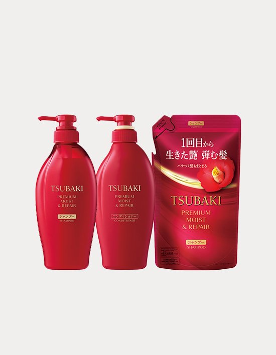 [츠바키] 프리미엄 모이스트 & 리페어 샴푸 컨디셔너 2종 세트(샴푸 리필 300ml 증정)
