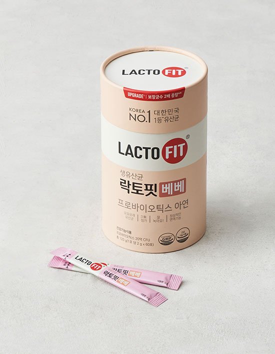 종근당건강 락토핏 베베 분홍색 원통 용기와 스틱 포 2개